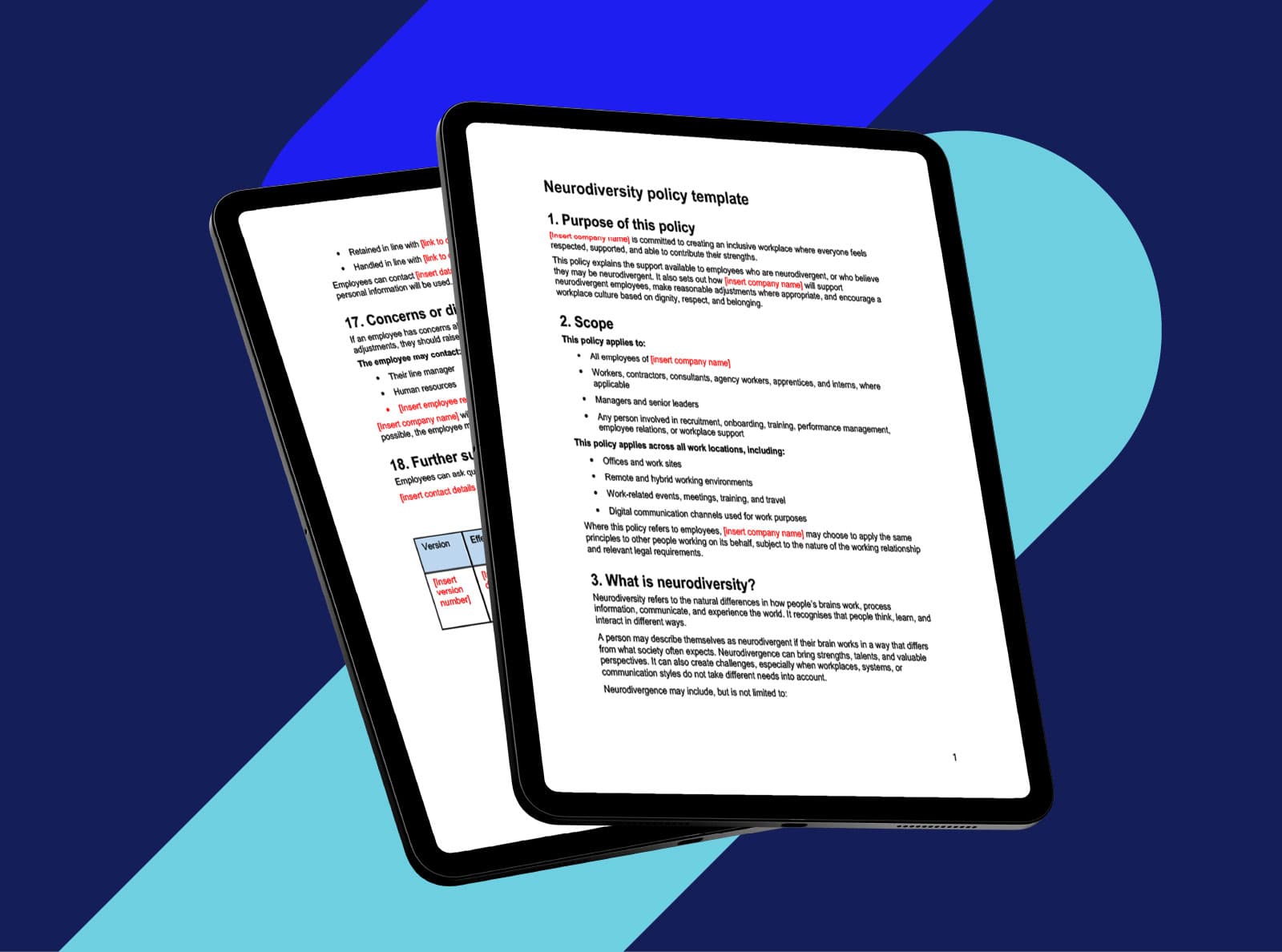 Two tablets displaying a neurodiversity policy template document with red text highlights on a blue geometric background.