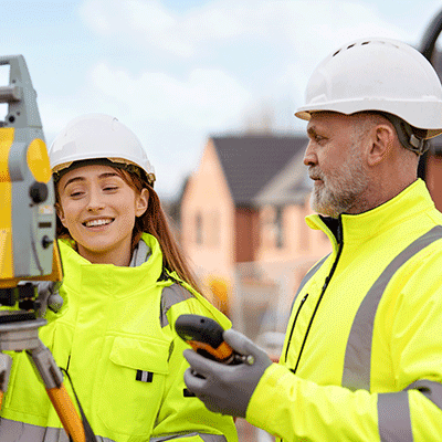Two construction workers in white hard hats and yellow safety vests discuss work at an outdoor building site.