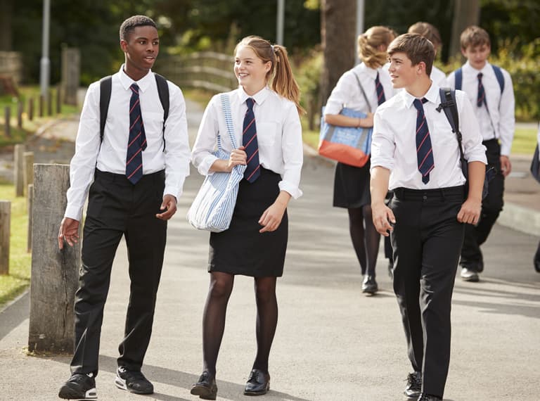 Group Of Teenage Students In Uniform Outside School Buildings