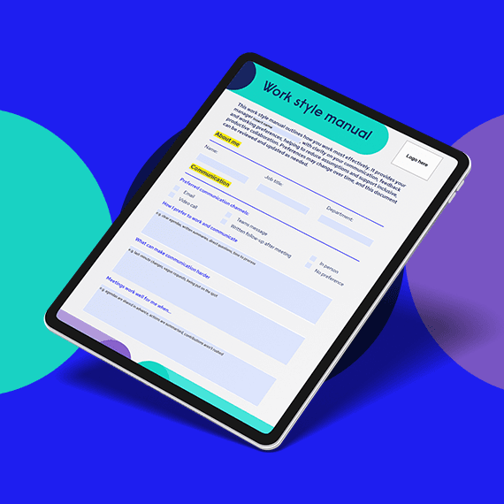Tablet displaying a work style manual document on a vibrant blue background with turquoise and purple circular accents.
