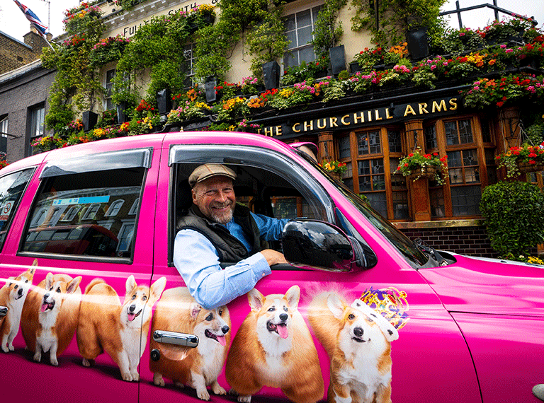 Reed's James Reed, driving a Reed.co.uk cab in London